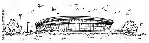 modern stadium building surrounded by trees