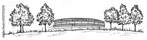 modern stadium surrounded by tall trees sketch