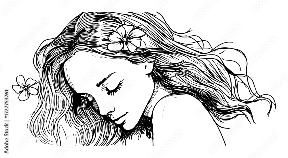 Fototapeta premium woman with flowers in hair hand drawn portrait