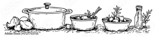 kitchen pot with vegetables and herbs sketch