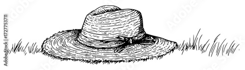 Straw Sun Hat on Grass – Hand-Drawn Vector Line Art
