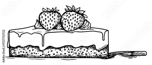 Hand-Drawn Strawberry Cake Slice Vector Illustration – Dessert Line Art