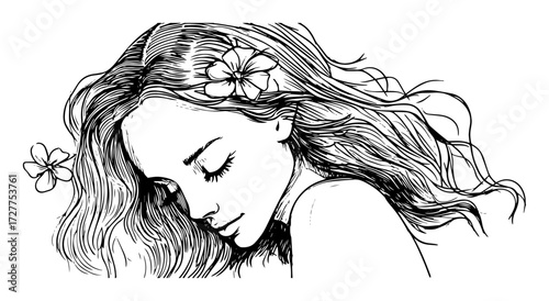 woman with flowers in hair hand drawn portrait