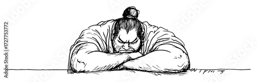 tired sumo wrestler resting on table sketch