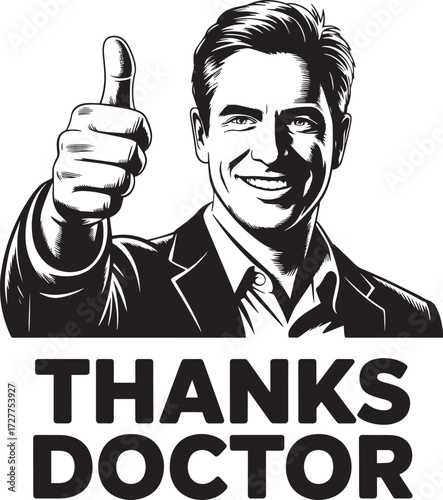 Businessman gives thumb up, thanks doctor text, appreciation gesture, thank you gesture