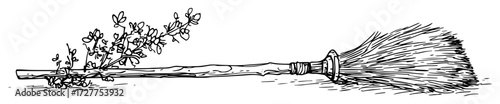 witch broomstick with herbs drawing