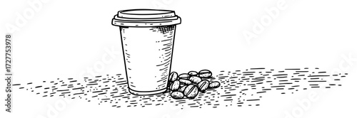 takeaway coffee cup with beans sketch drawing