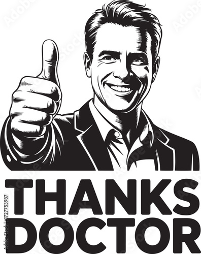 Businessman gives thumb up, thanks doctor text, appreciation gesture, thank you gesture