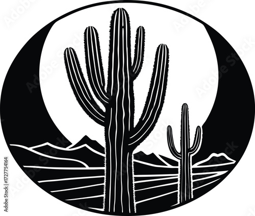 Saguaro Cactus Silhouette | Desert Landscape Vector Illustration