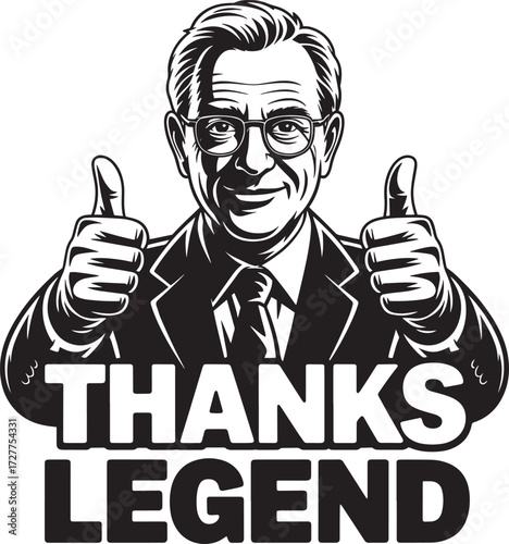 Elderly man giving two thumbs up gesture thanks legend lettering black white vintage style