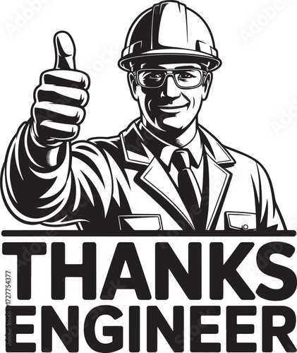 Engineer with thumbs up gesture wearing hard hat and glasses, black and white illustration