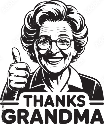 Grandma with thumbs up hand gesture, black white monochrome design, thanks text