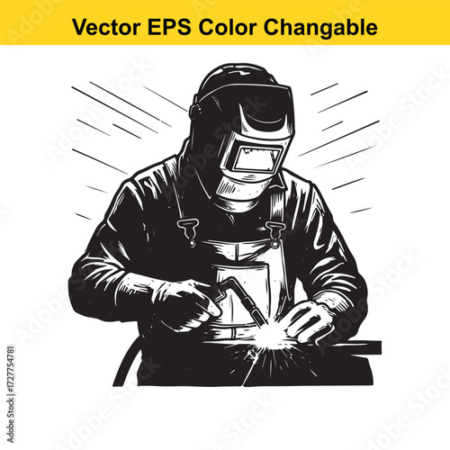 Vector art of welder working with sparks
