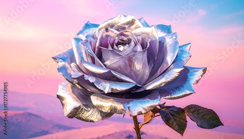Close-up of silver rose with blurred mountain background under vibrant sunset skies