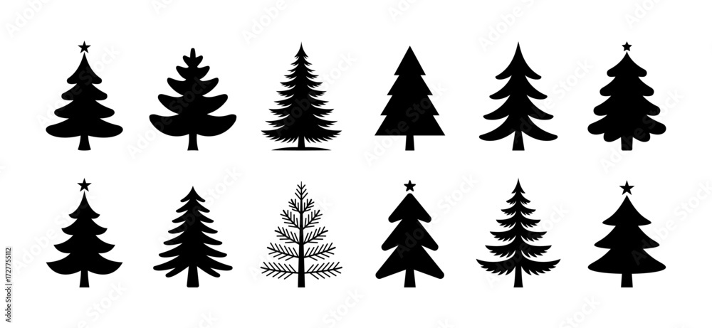 Fototapeta premium A collection of black Christmas tree silhouettes for festive holiday designs.