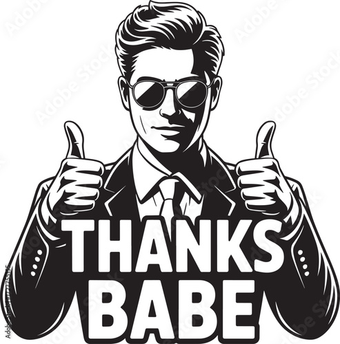 Man giving thumbs up gesture thanks babe black white illustration for t-shirt design print