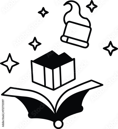 magical wizard library with floating books illustration on transparent background