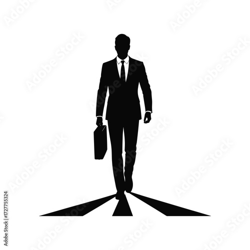 Silhouette of a determined businessman walking forward on a path towards success and opportunity