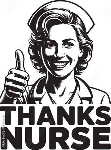 Nurse with thumbs up gesture wearing uniform and cap, black and white illustration