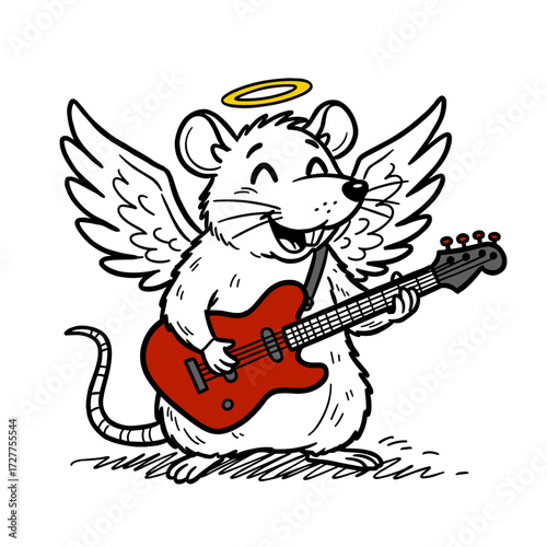 cartoon rat with angel wings and halo playing red electric guitar vector drawing