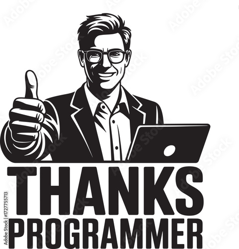 Programmer giving thumbs up gesture, software developer showing approval sign