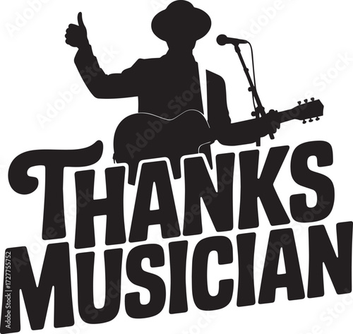 Silhouette musician playing guitar and giving thumbs up, Thanks Musician text on gray background