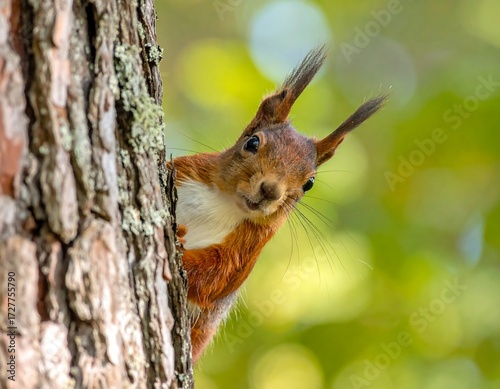 Curious Red Squirrel Peeking from a Tree Trunk