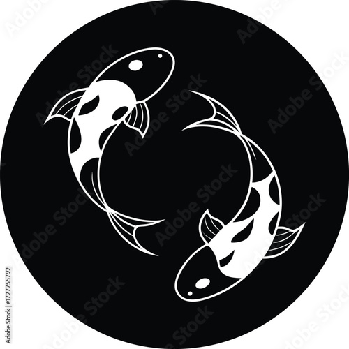 patterned koi fish swimming in circular pond illustration on transparent background