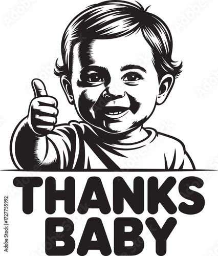 Smiling baby giving thumbs up vintage style Thanks Baby text isolated on transparent background