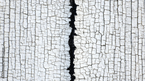 Close-up of cracked white paint revealing a dark fissure, textured surface