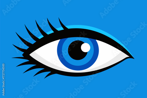 Blue human eye vector illustration with detailed iris and eyelashes, a beautiful symbol of vision and look