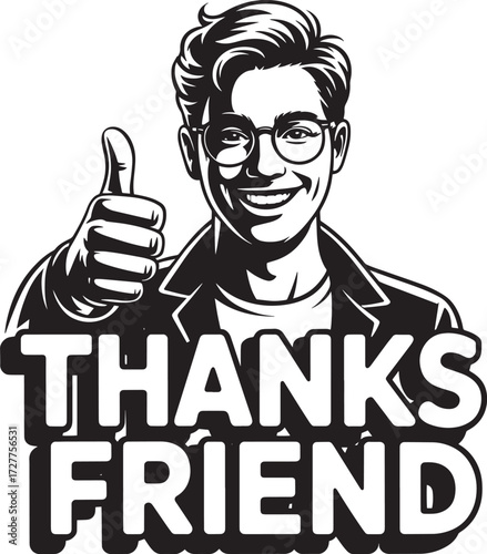 Smiling man gives thumb up, thanks friend text, appreciation gesture in black white style