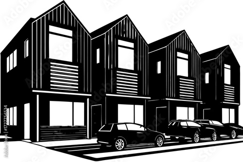 Vector illustration of a truck and car silhouette near a home and building with a construction and urban sketch design