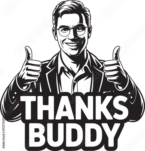 Smiling man in jacket glasses shows thumbs up, like sign, thank you buddy inscription
