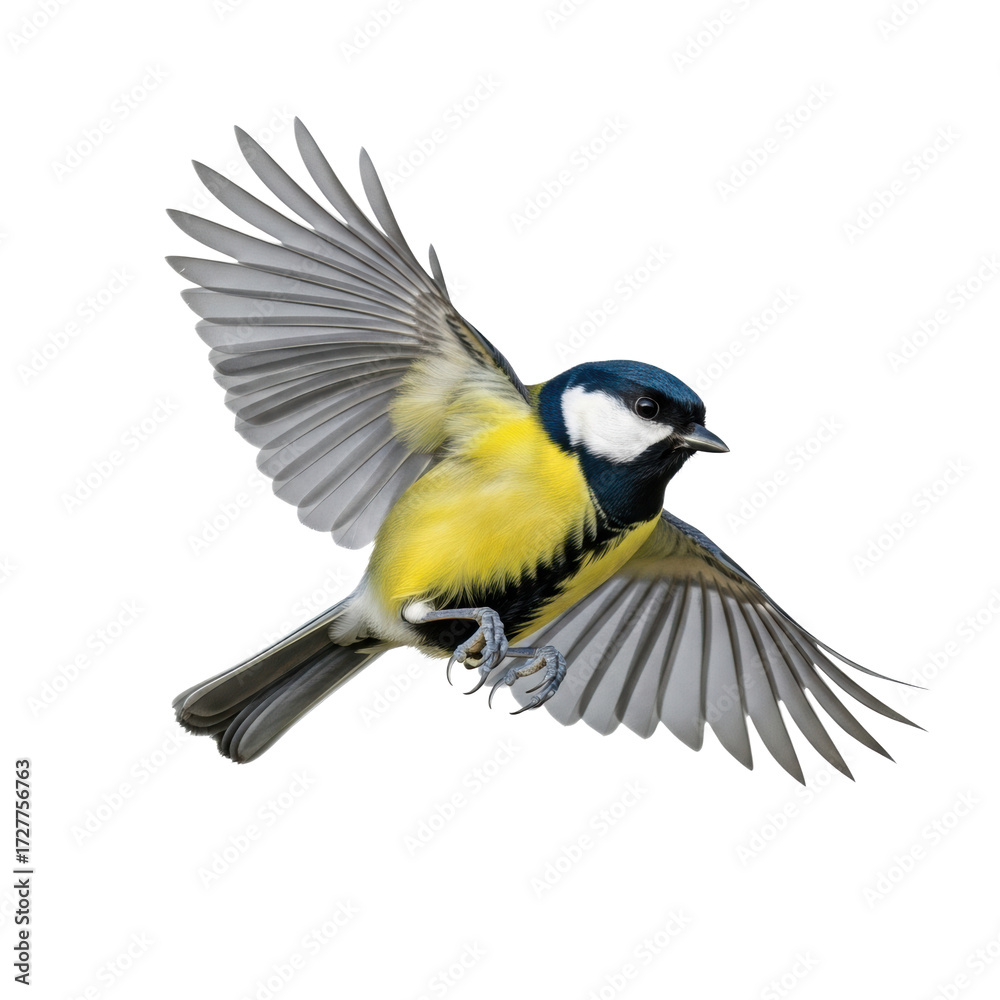Naklejka premium Vibrant Great Tit bird mid-flight, wings extended, glossy black head, yellow underside, grey-blue wings, white studio background with copy space, bright lighting, dynamic motion and freedom concept