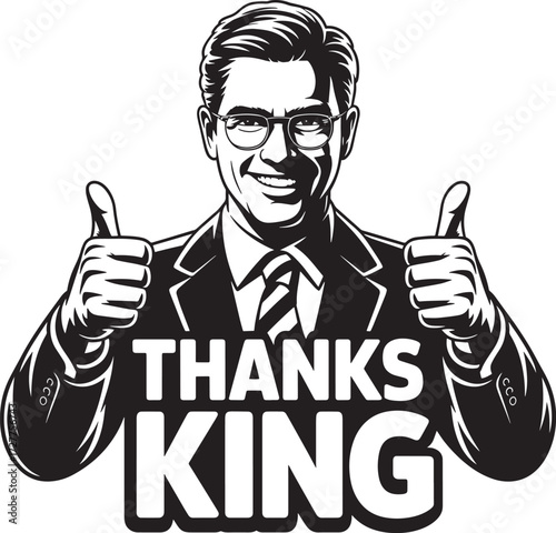 Smiling man in suit glasses shows thumbs up gesture, like sign, thank you king inscription