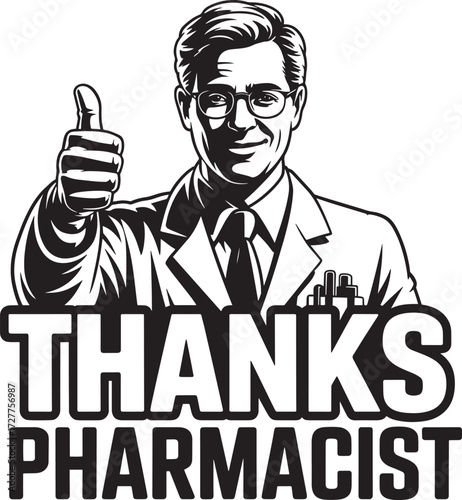 Smiling pharmacist in lab coat with tools giving thumbs up, text 'Thanks Pharmacist'