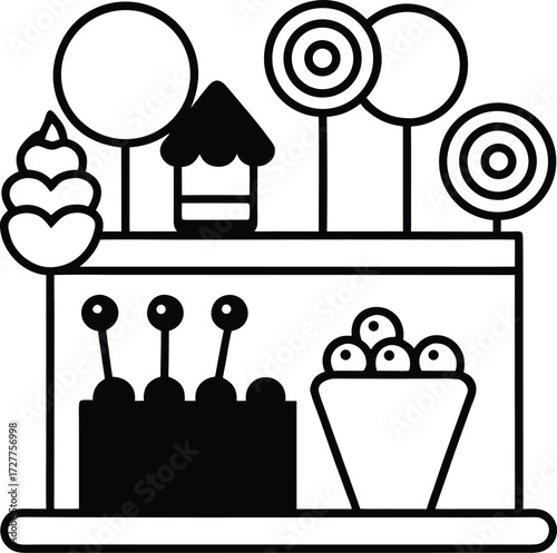 whimsical candy shop with cakes and lollipops illustration on transparent background