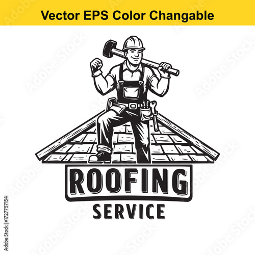 Vector art of roofer with hammer on roof