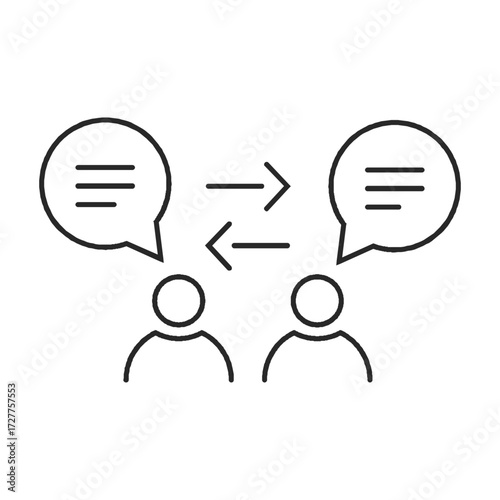 An icon of a dynamic conversation, symbolizing the essence of communication, where ideas flow between two individuals. Featuring speech bubbles and directional arrows.