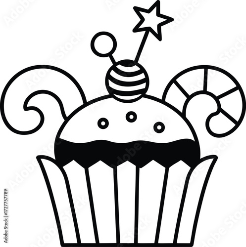 whimsical cupcake land with candy decorations illustration on transparent background