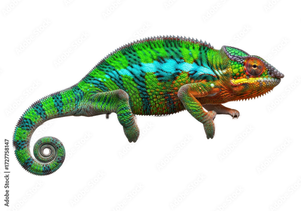 Obraz premium Adult Panther chameleon with vibrant iridescent scales, detailed texture, curled tail, on dark branch, transparent high-key studio background, no shadows, concept of exotic animal beauty