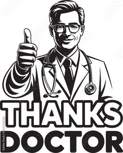 Thanks Doctor Smiling Man Professional Thumbs Up Grateful Healthcare Monochrome Vector