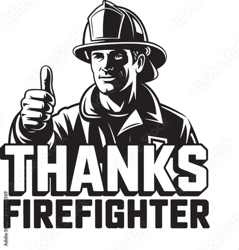 Thanks Firefighter vector illustration with brave rescue worker in helmet giving thumbs up