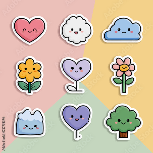 Cute sticker illustrations of heart, cloud, flower, tree on colored background