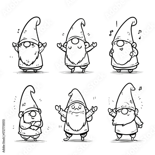 Hand-drawn line art shows six unique gnomes with pointy hats and beards, in various poses