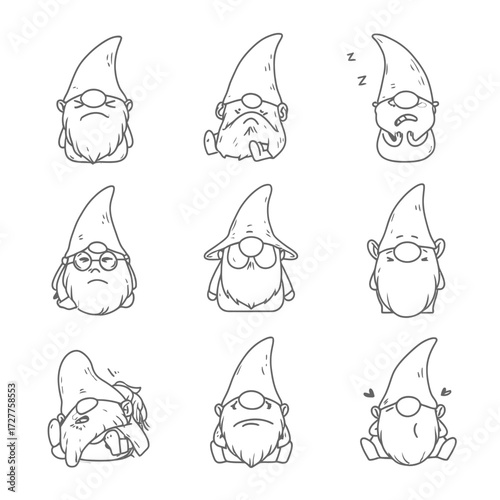 Gnome Emotions Hand-drawn collection of gnomes showing various expressions