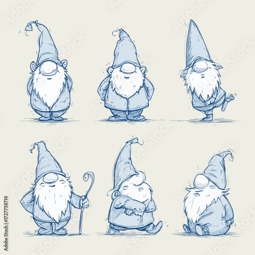 Collection of six cartoon gnomes wearing hats and beards, in varying poses
