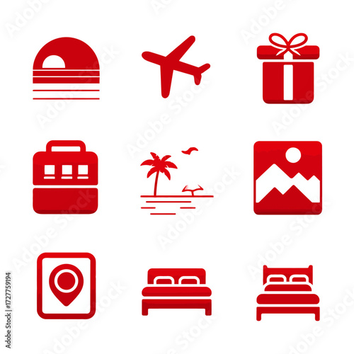 Red icons representing travel elements sunset, plane, gift, luggage, beach, photo, location, bed