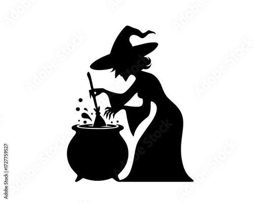 Silhouette of a witch stirring a cauldron, perfect for Halloween decorations and spooky celebrations